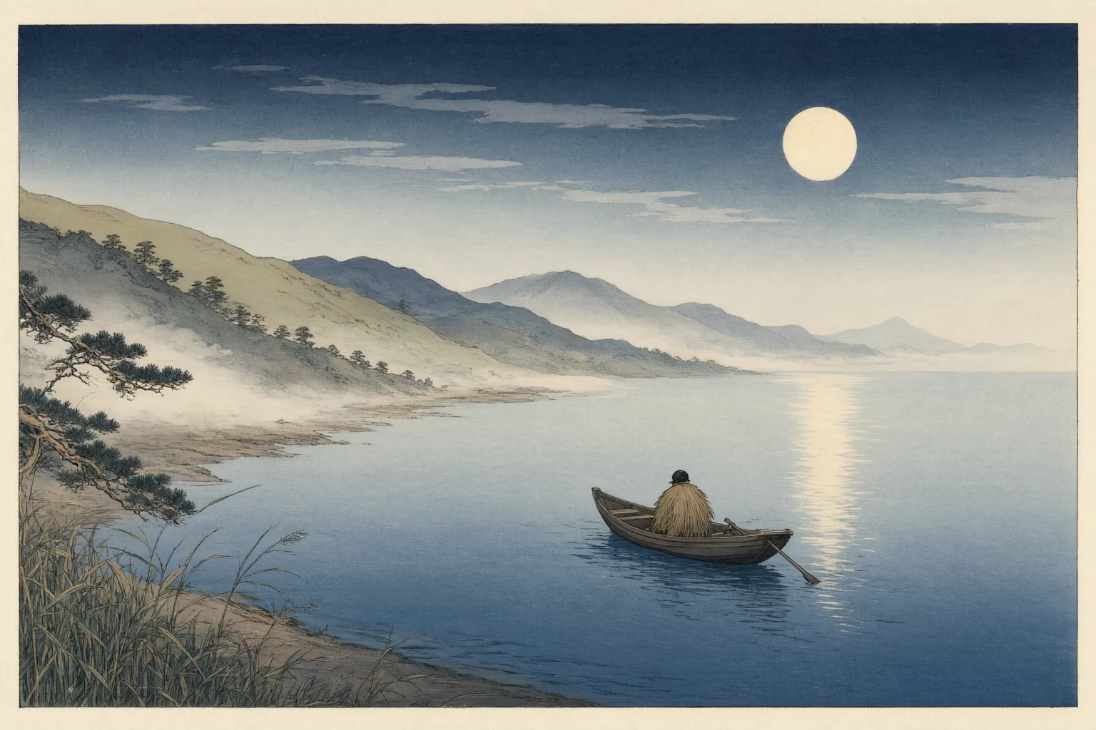 Woodblock-style illustration of a full autumn moon over a wide bay with a distant shoreline.