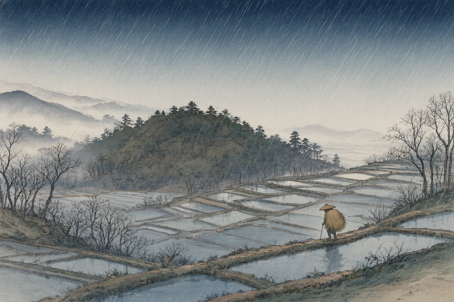 Woodblock-style illustration of rain sweeping across terraced fields below a low wooded hill.