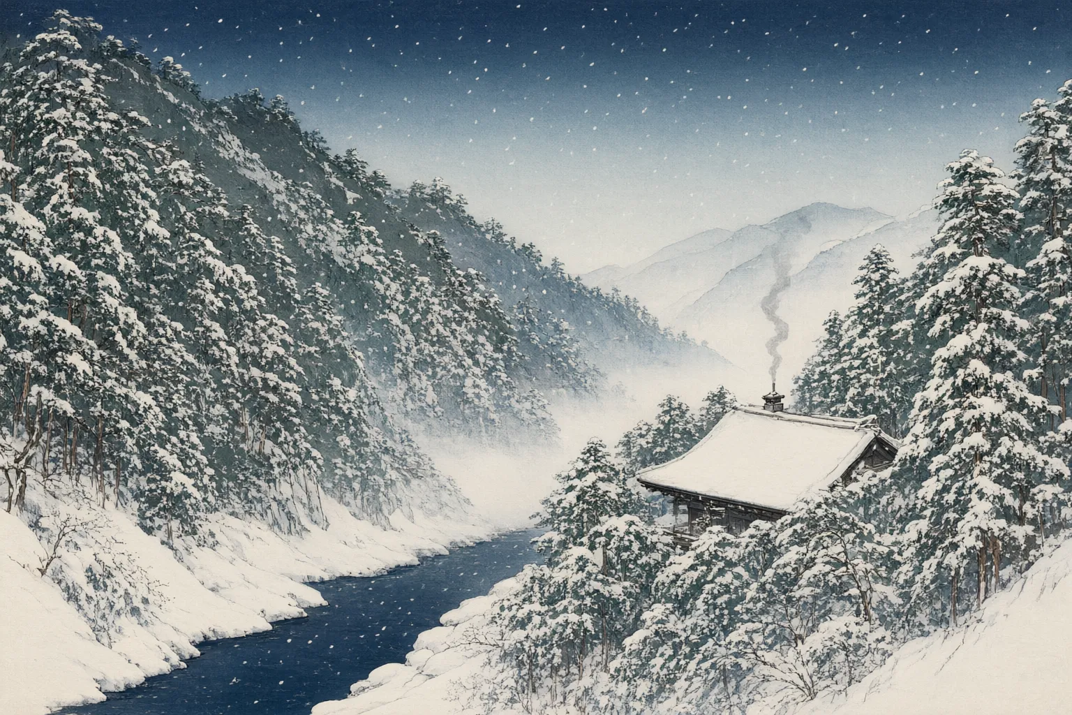Woodblock-style illustration of snow falling over wooded hills above a narrow river valley, with a temple roof half hidden among cedars.